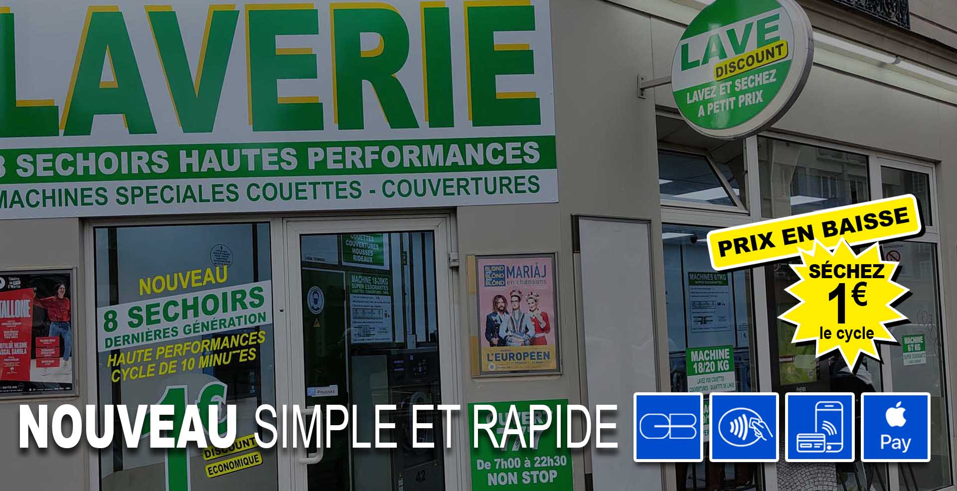 Laverie Automatique MG rue Lantiez 75017 Paris, 8 Machines à laver et 8 séchoirs